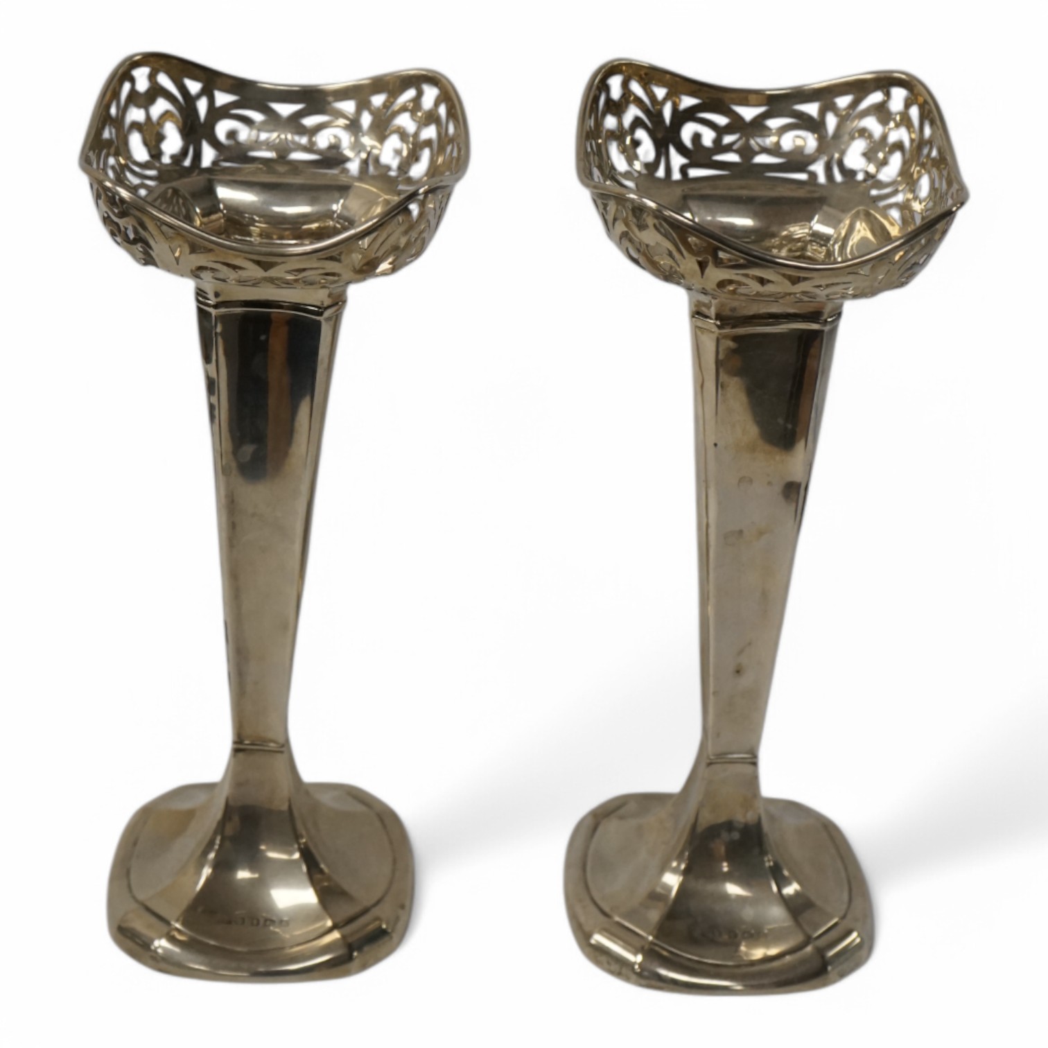 A pair of George V silver spill vases, by H.L. Brown & Sons, 22.5cm, weighted. Condition - poor